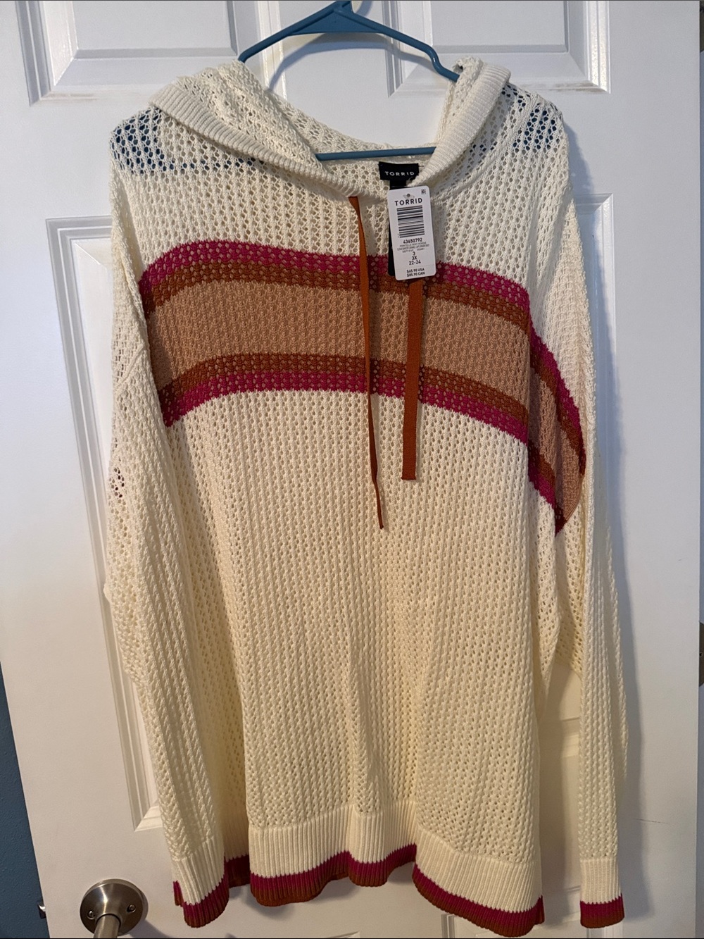 torrid Cream Hooded Open-Knit Sweater with Pink & Tan Stripes